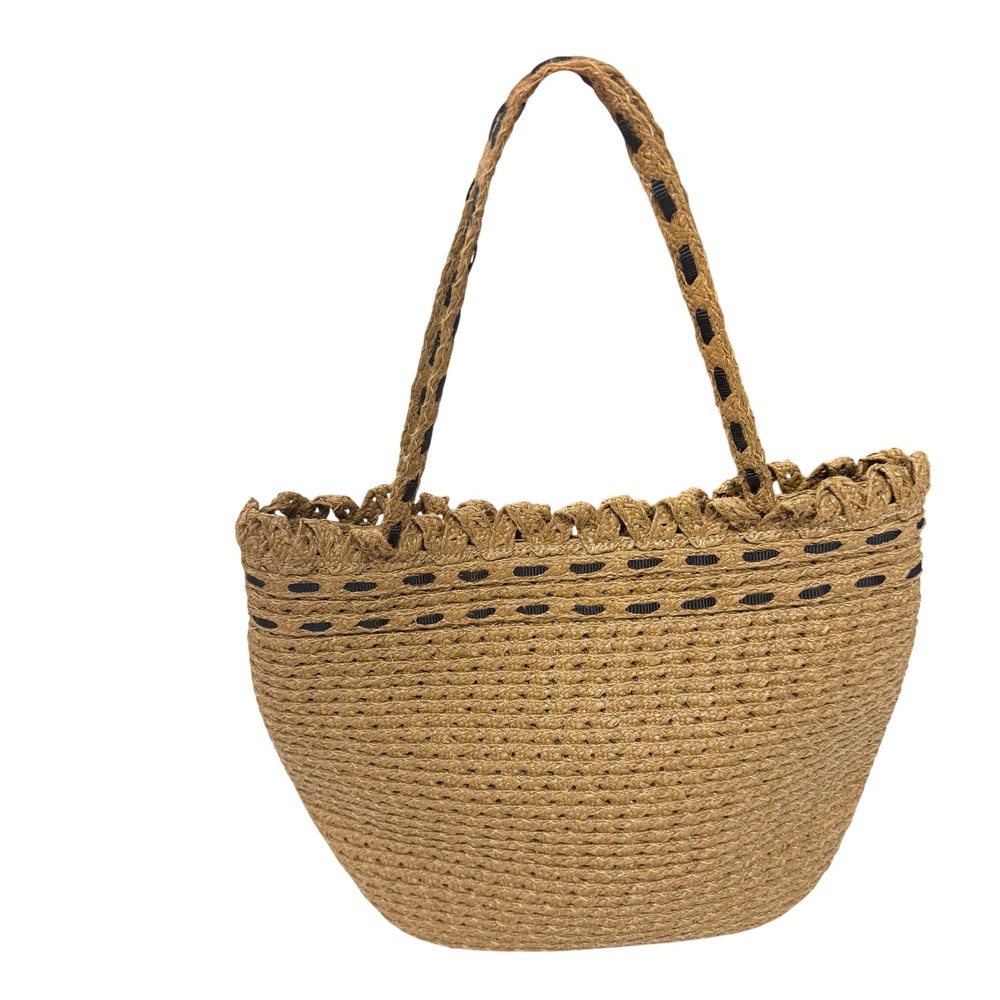 Eric Javits Squishee Straw Tote Bag Tan Black Scalloped Woven Shoulder Bag